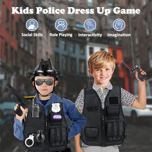 Police Costume with Helmet and Walkie Talkies for Kids, Swat Vest Included for Role Play