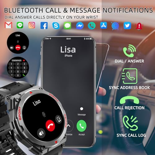 Military Smart Watch with Text, Call, Heart Rate, and Activity Tracking - iPhone & Android Compatible